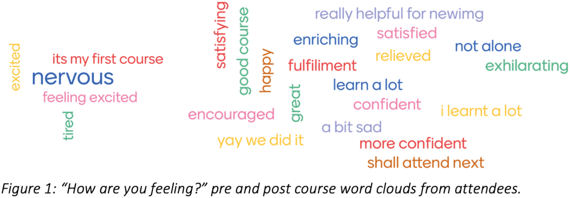 ‘How are you feeling?’ pre- and post-course clouds from attendees.