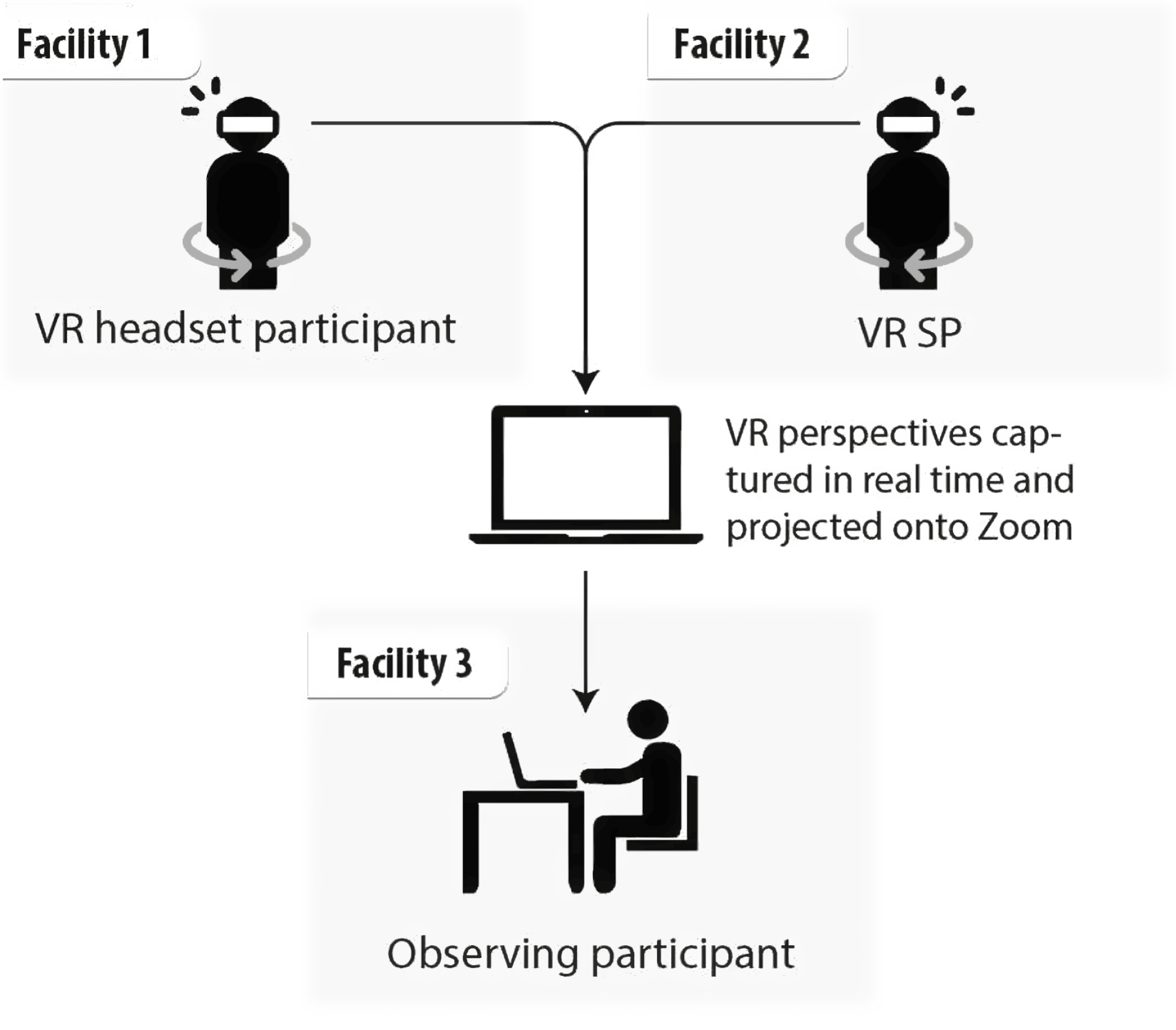Division of in-headset VR and Zoom observation roles.
