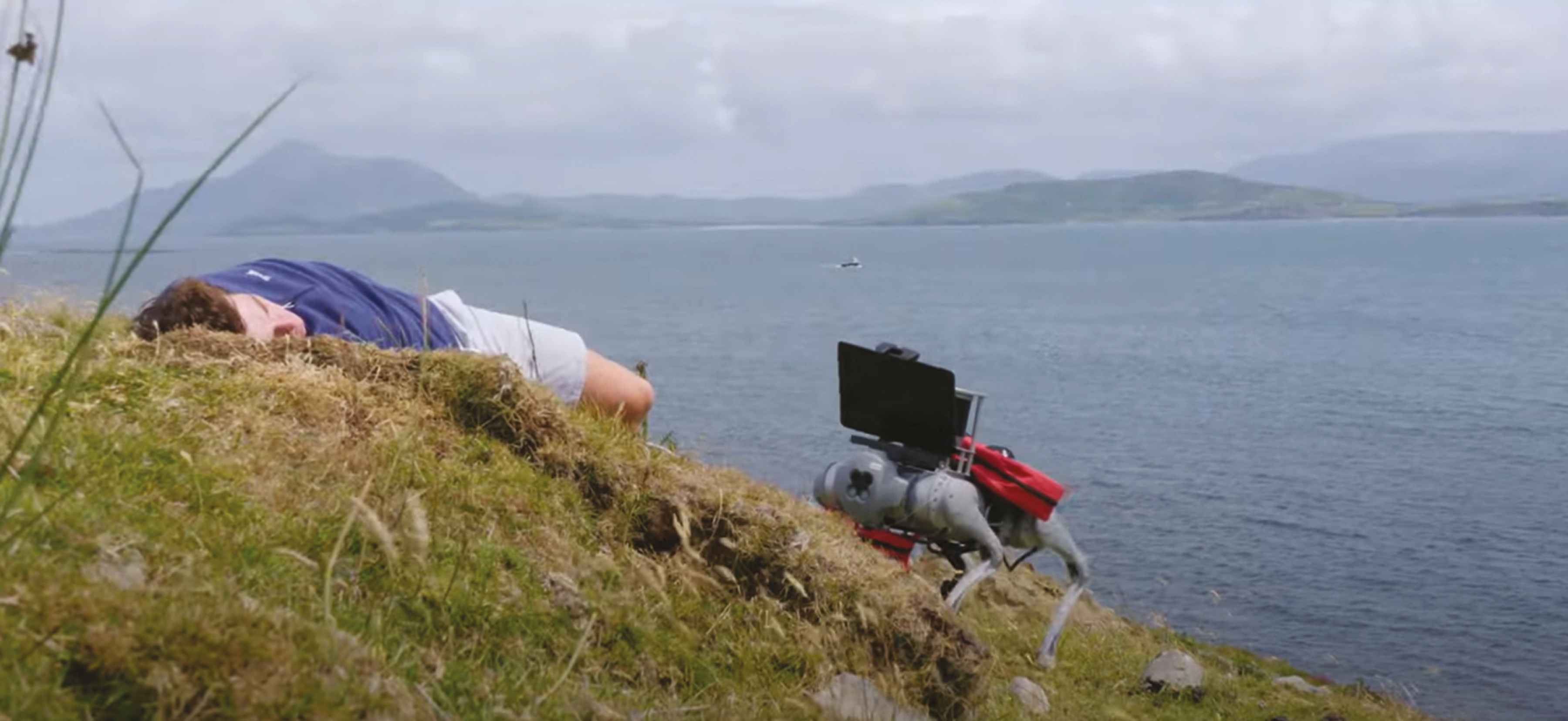 Robot dog achieving a triage beside an unconscious person (actor), Clare Island