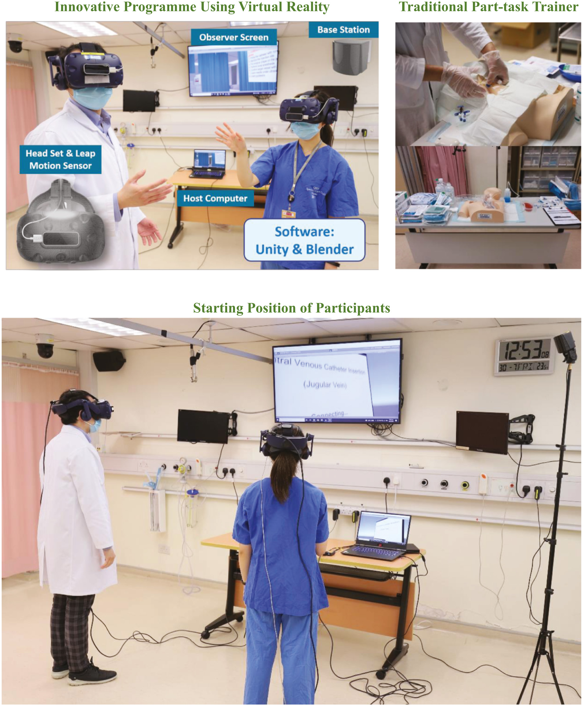 Equipment/setting of virtual reality programme and traditional part-task trainer.