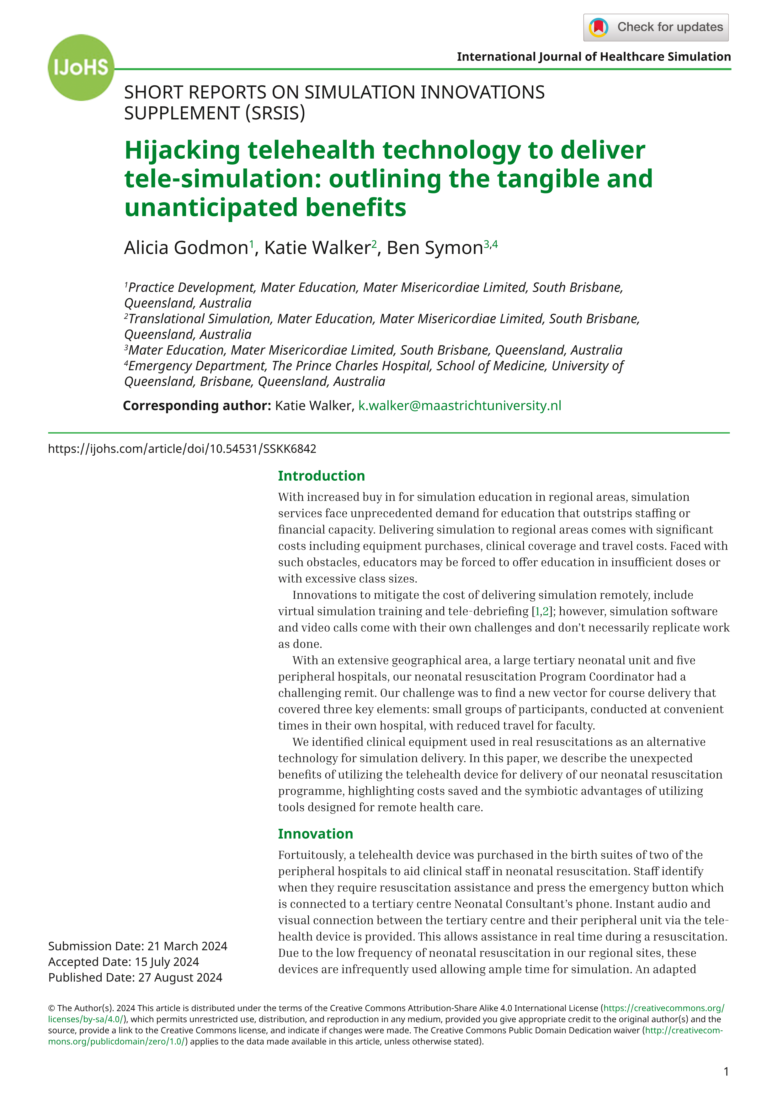 Hijacking telehealth technology to deliver tele-simulation: outlining the tangible and unanticipated benefits