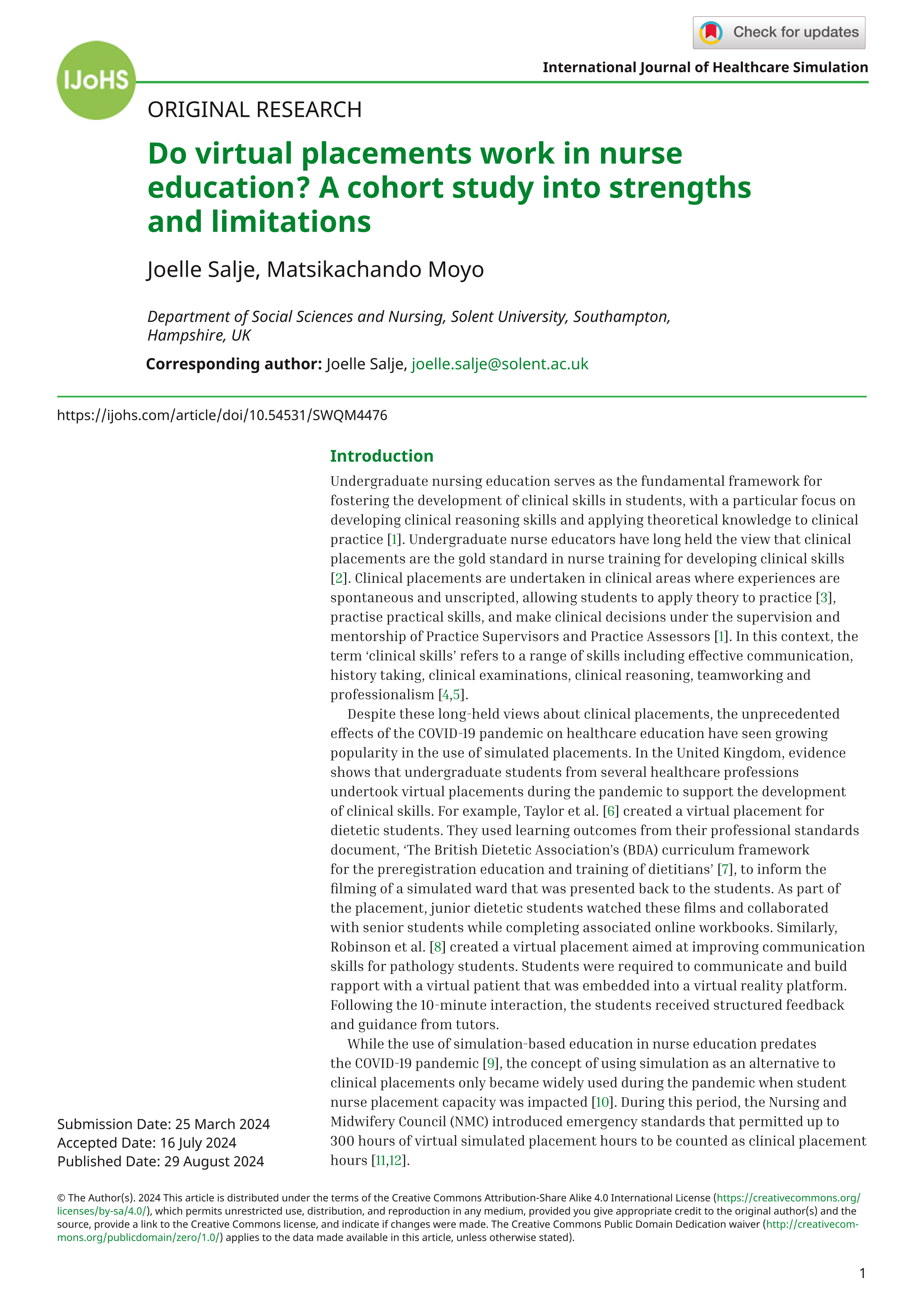 Do virtual placements work in nurse education? A cohort study into strengths and limitations