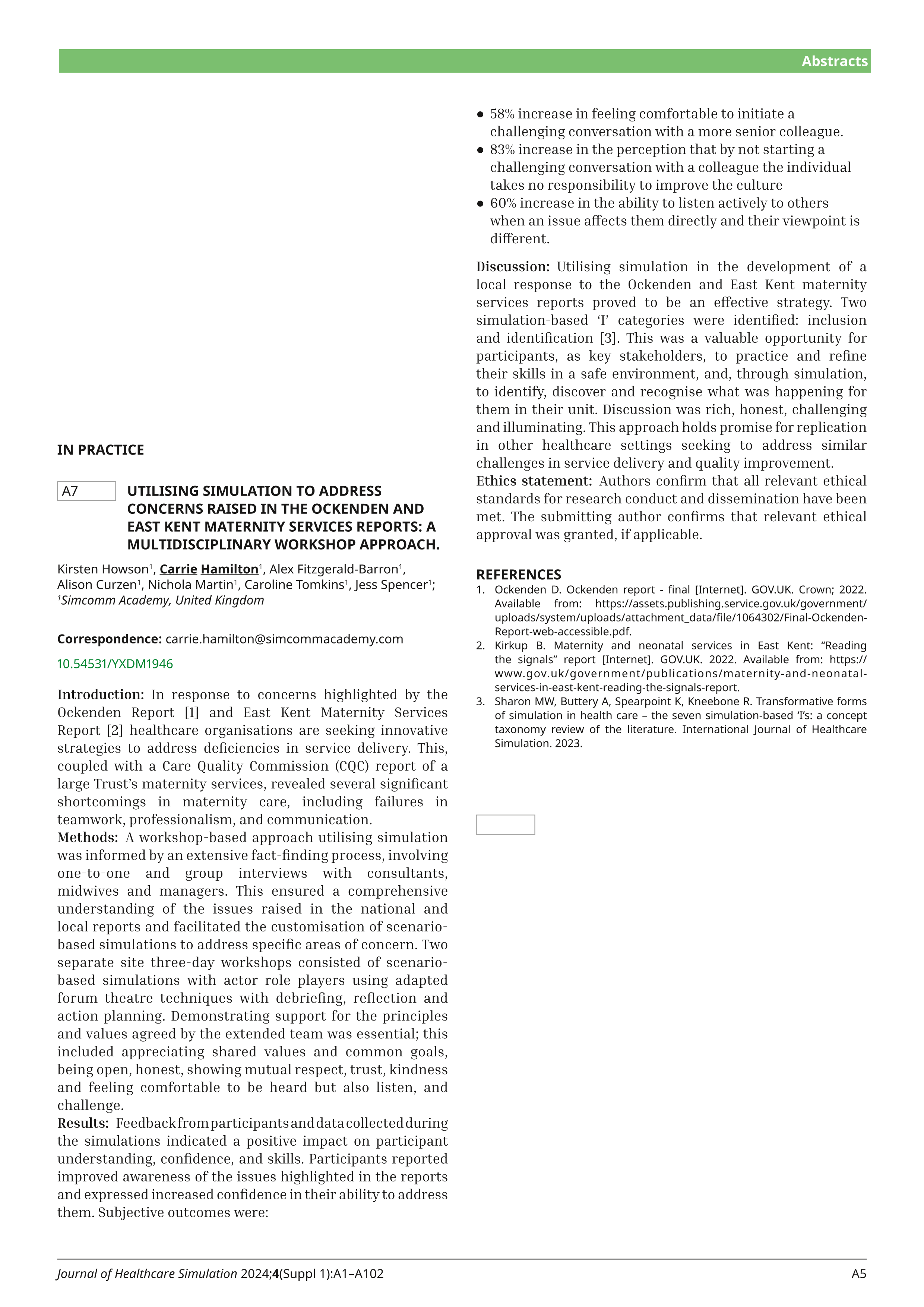 A7 Utilising simulation to address concerns raised in the Ockenden and East Kent maternity services reports: A multidisciplinary workshop approach.