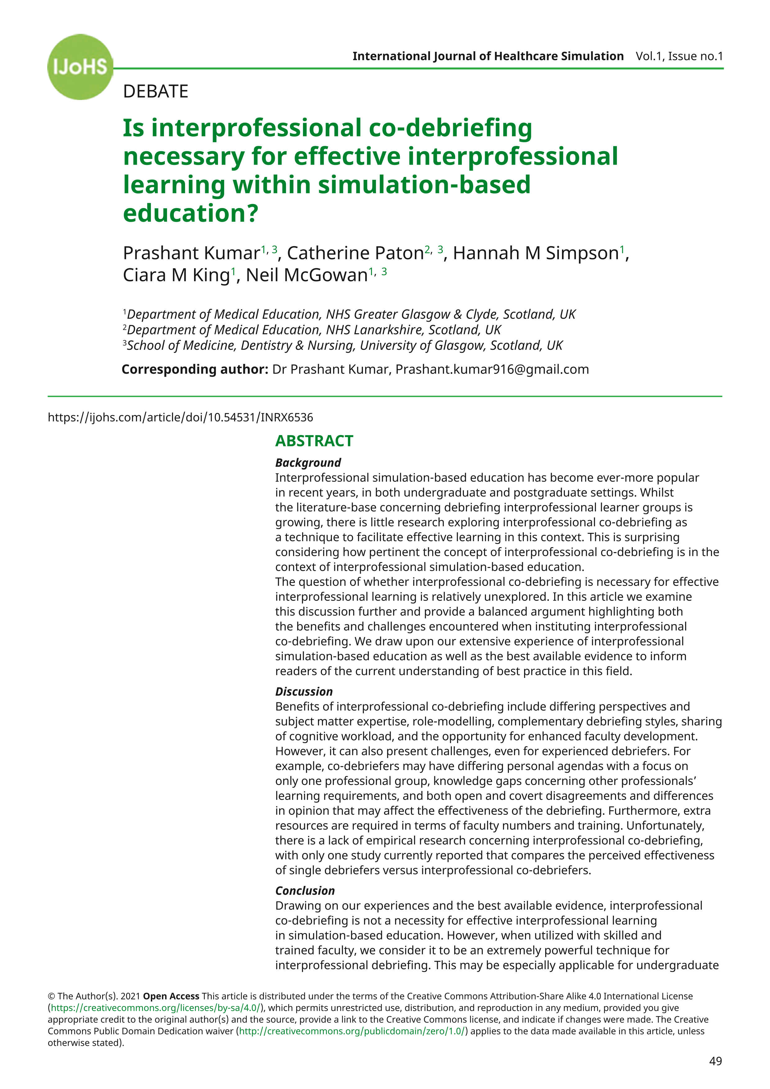 Is interprofessional co-debriefing necessary for effective interprofessional learning within simulation-based education?