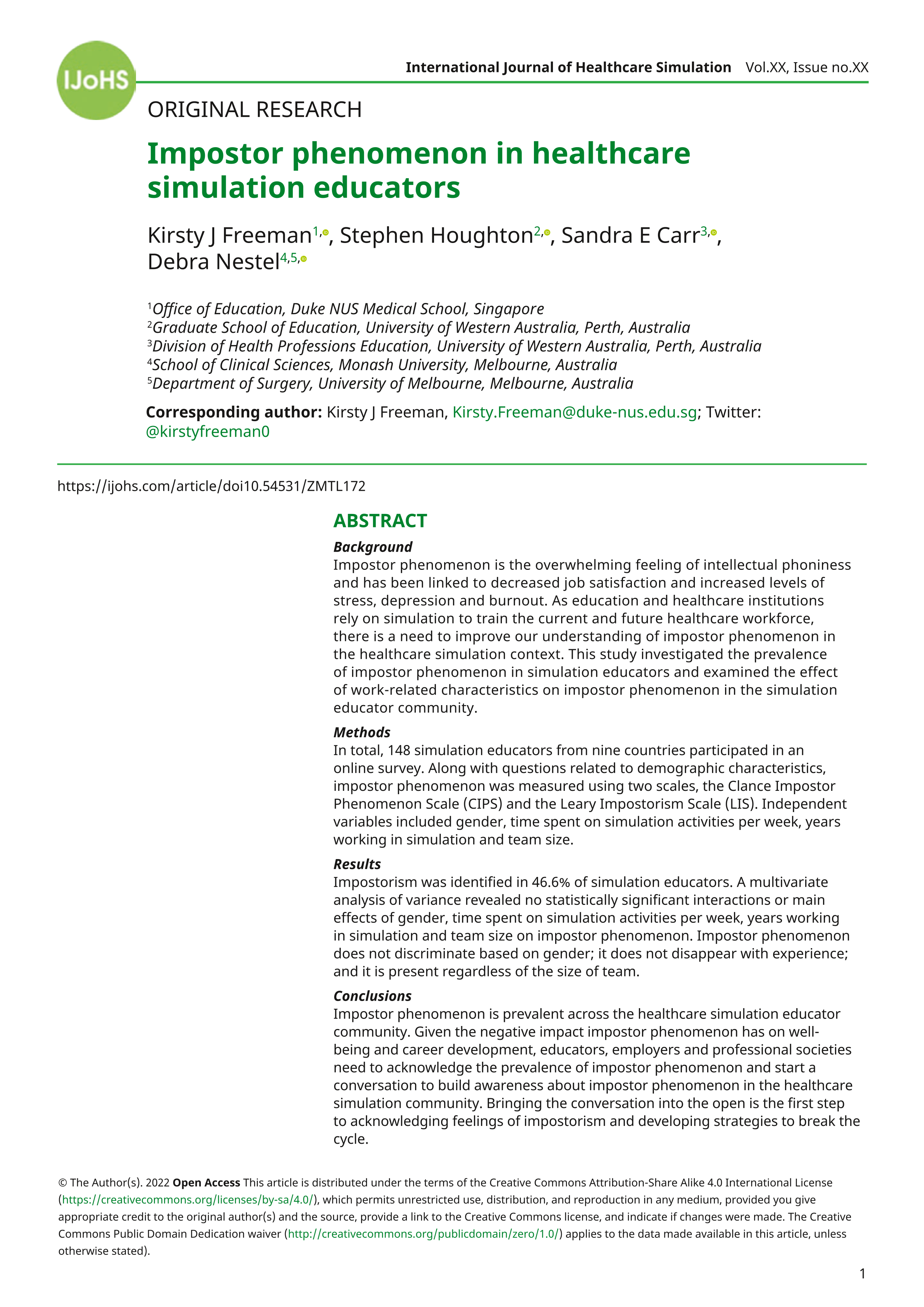 Impostor phenomenon in healthcare simulation educators