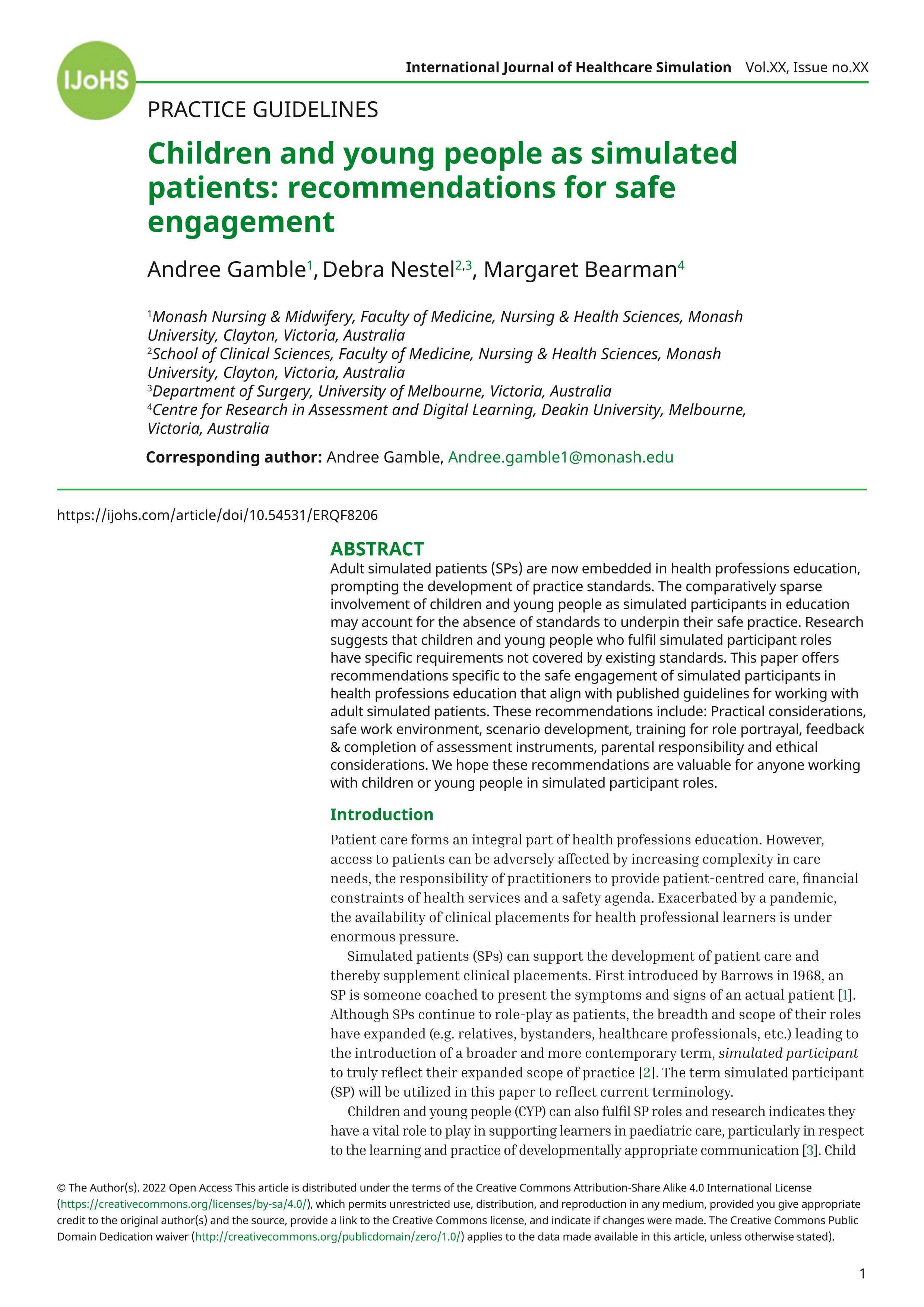 Children and young people as simulated patients: recommendations for safe engagement