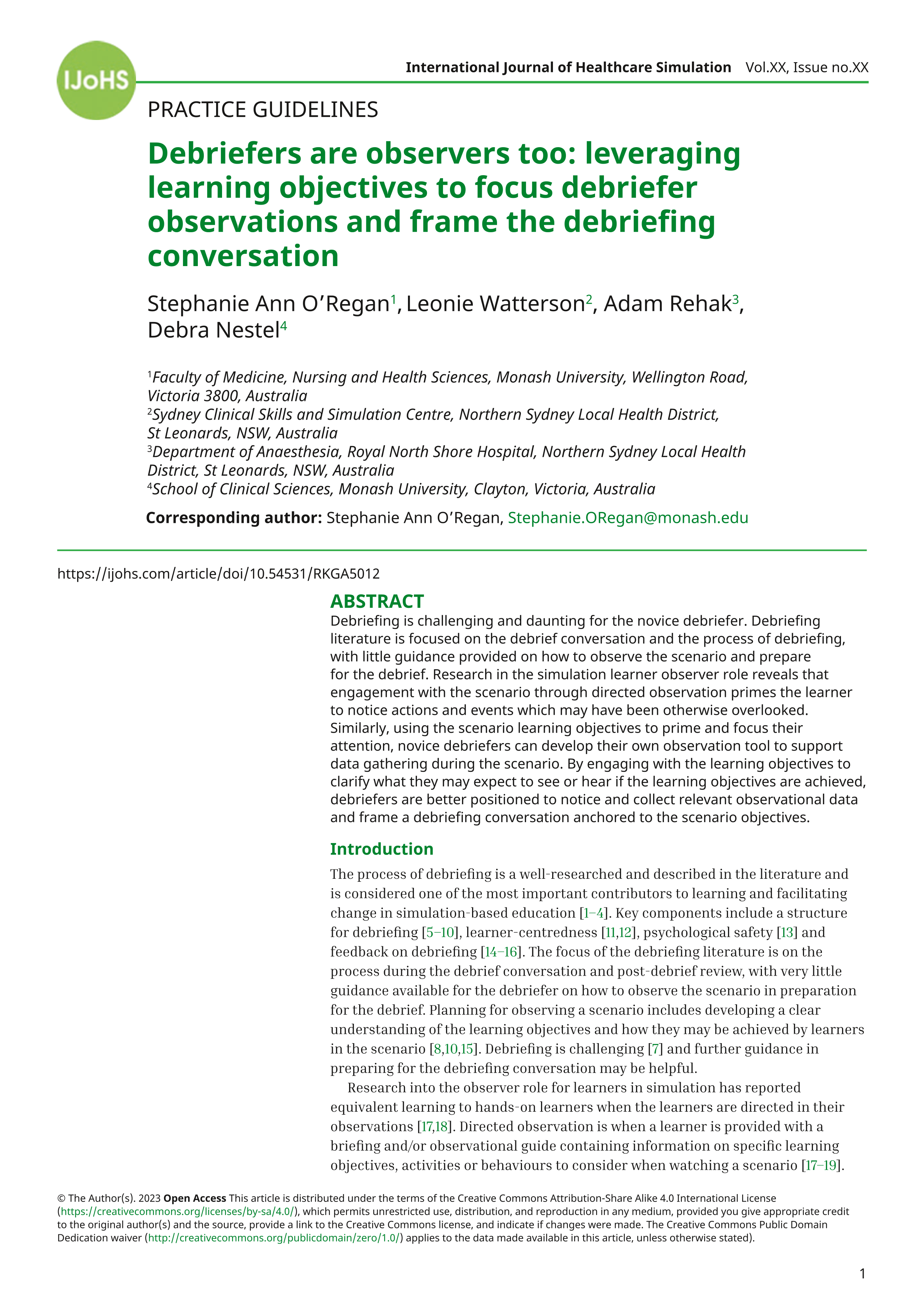 Debriefers are observers too: leveraging learning objectives to focus debriefer observations and frame the debriefing conversation