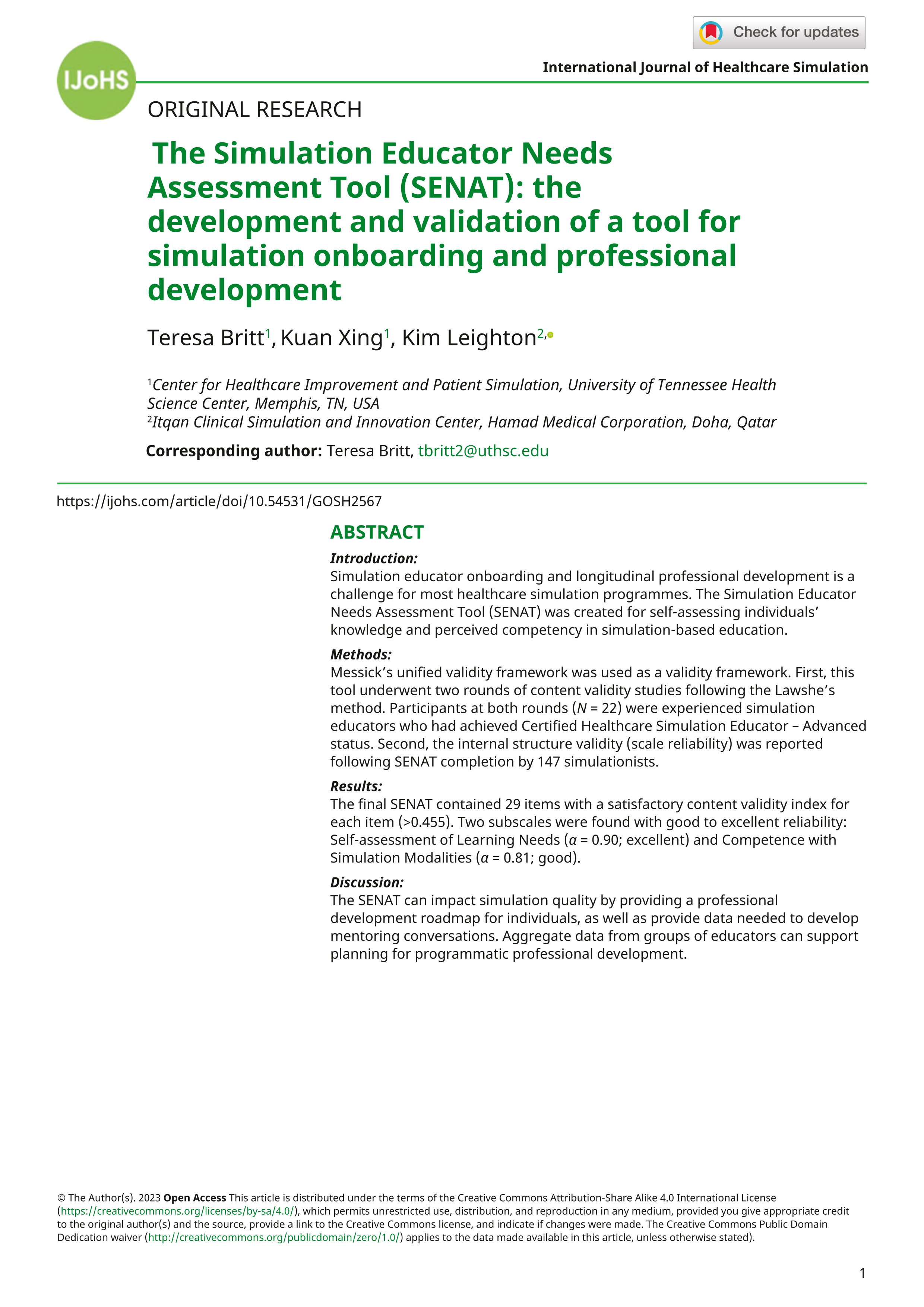 The Simulation Educator Needs Assessment Tool (SENAT): the development and validation of a tool for simulation onboarding and professional development