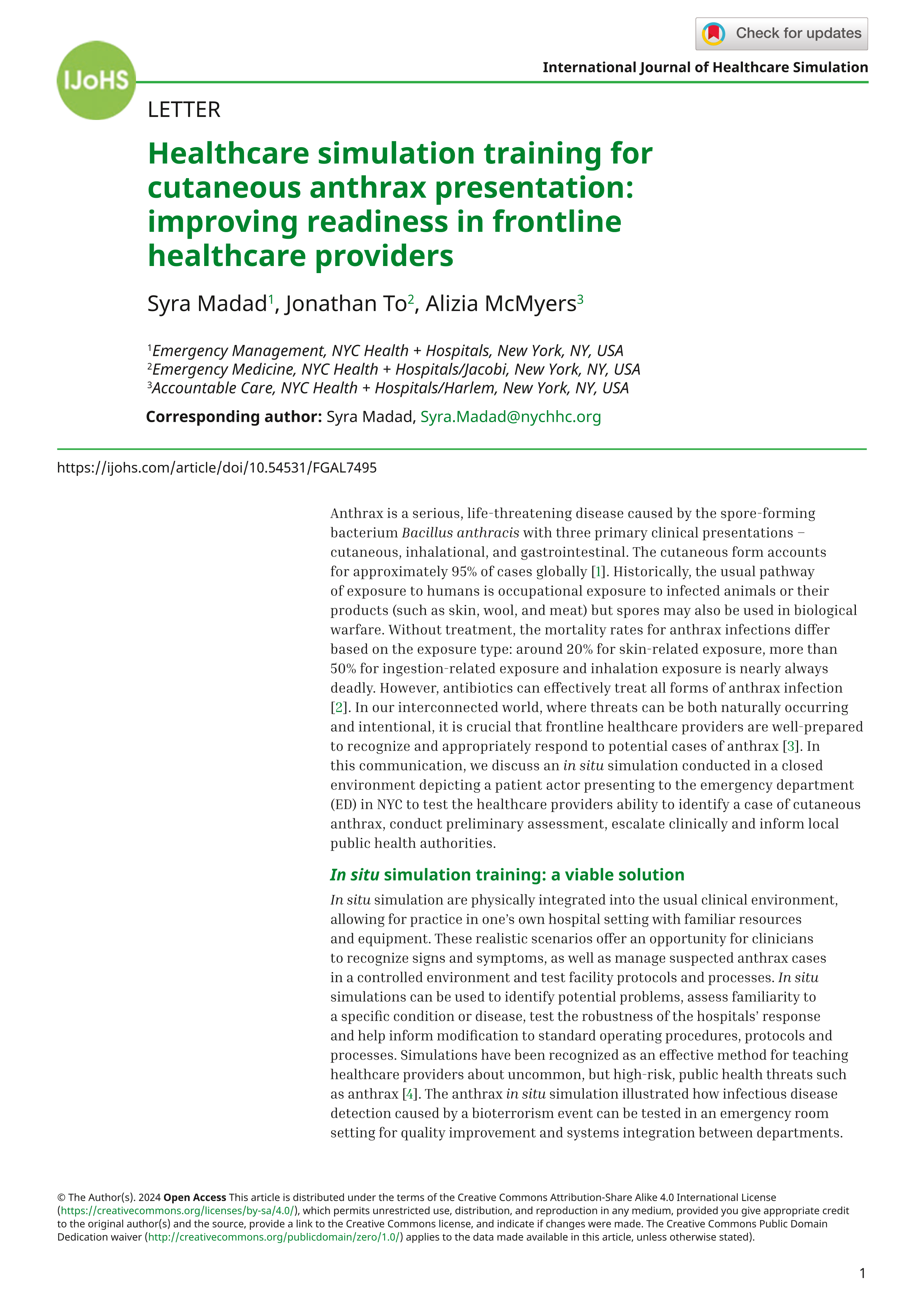 Healthcare simulation training for cutaneous anthrax presentation: improving readiness in frontline healthcare providers