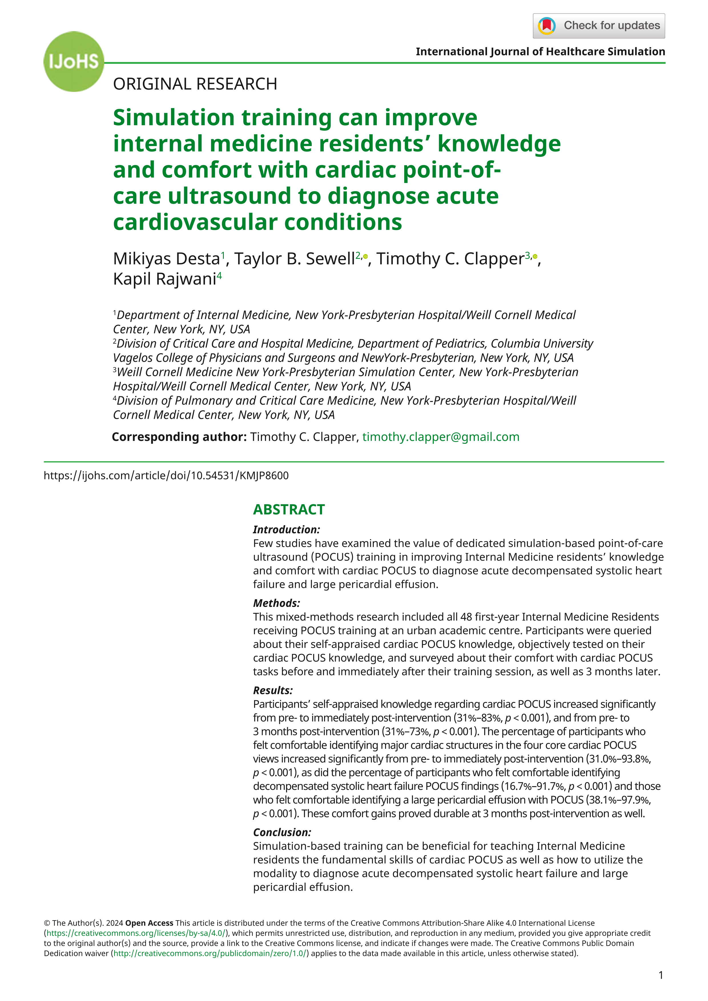 Simulation training can improve internal medicine residents’ knowledge and comfort with cardiac point-of-care ultrasound to diagnose acute cardiovascular conditions