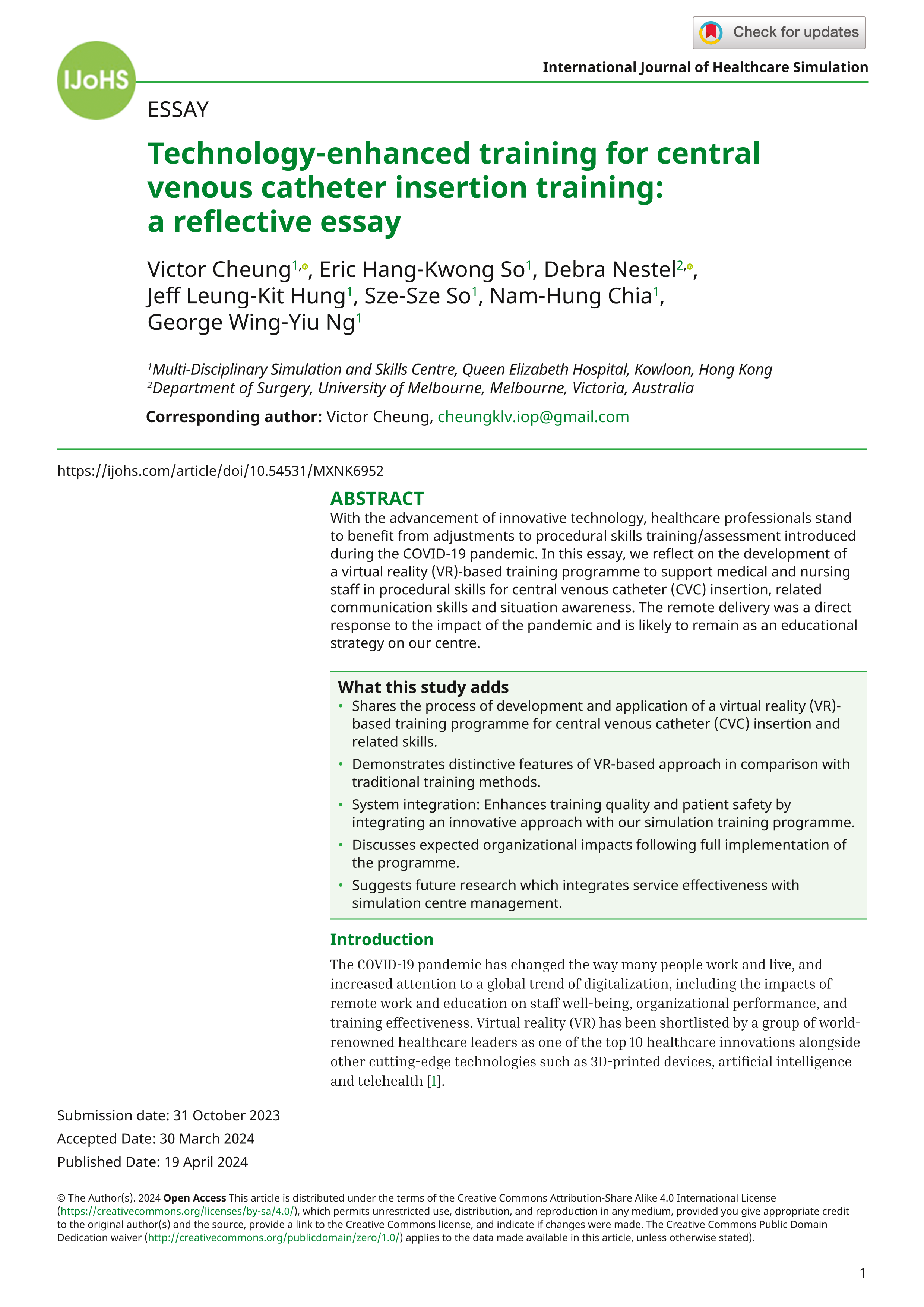 Technology-enhanced training for central venous catheter insertion training: a reflective essay
